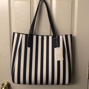 Blue and white striped tote